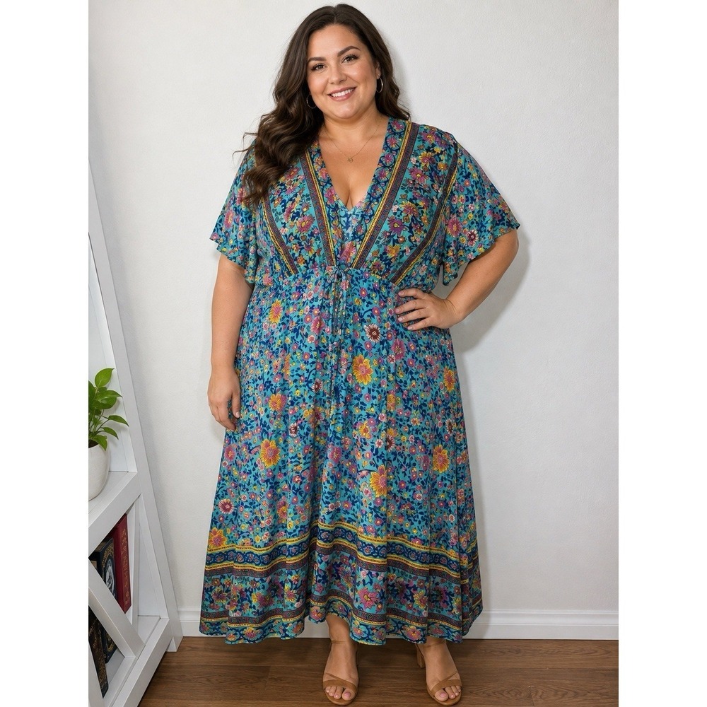 Unbranded Womens 4XL Boho Floral Kimono Tie Waist Plus Size Dress Turquoise